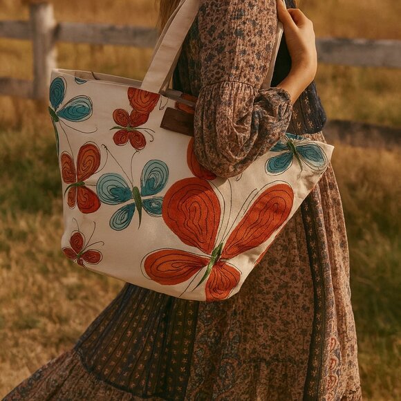 RARE Kate Spade Coal butterfly colorful orange blue large canvas tote - Picture 1 of 15